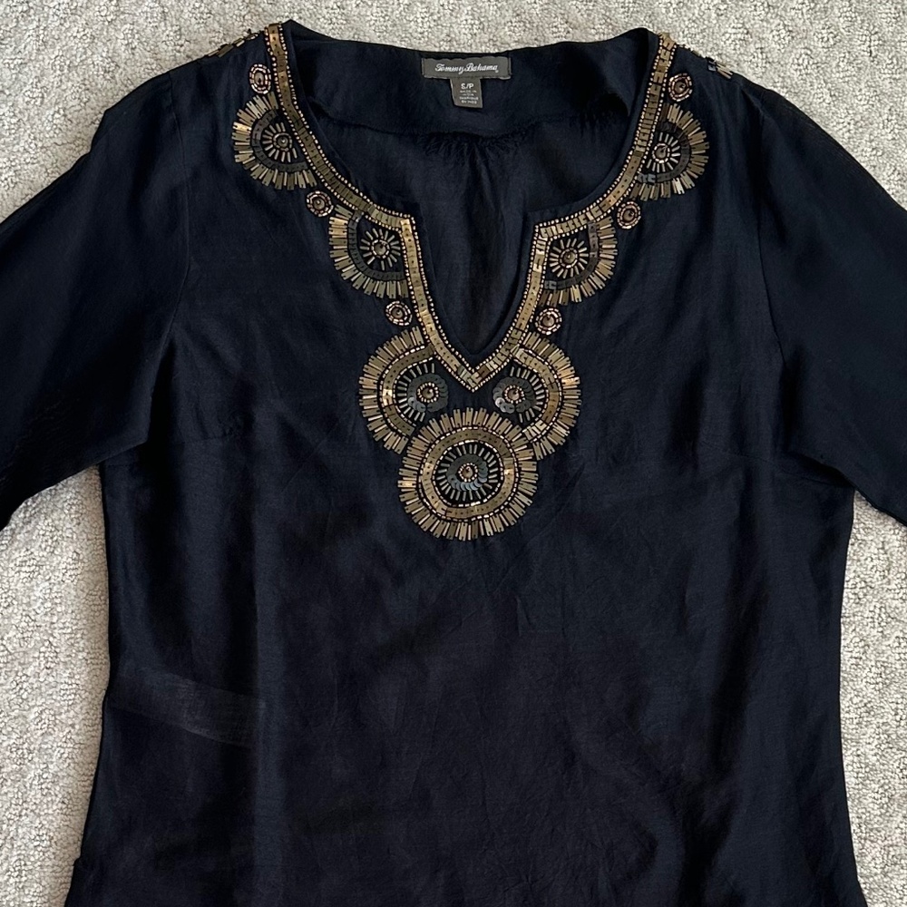 Tommy Bahama Cotton/Silk Blend Beaded Tunic Top Black Small Embellished Resort